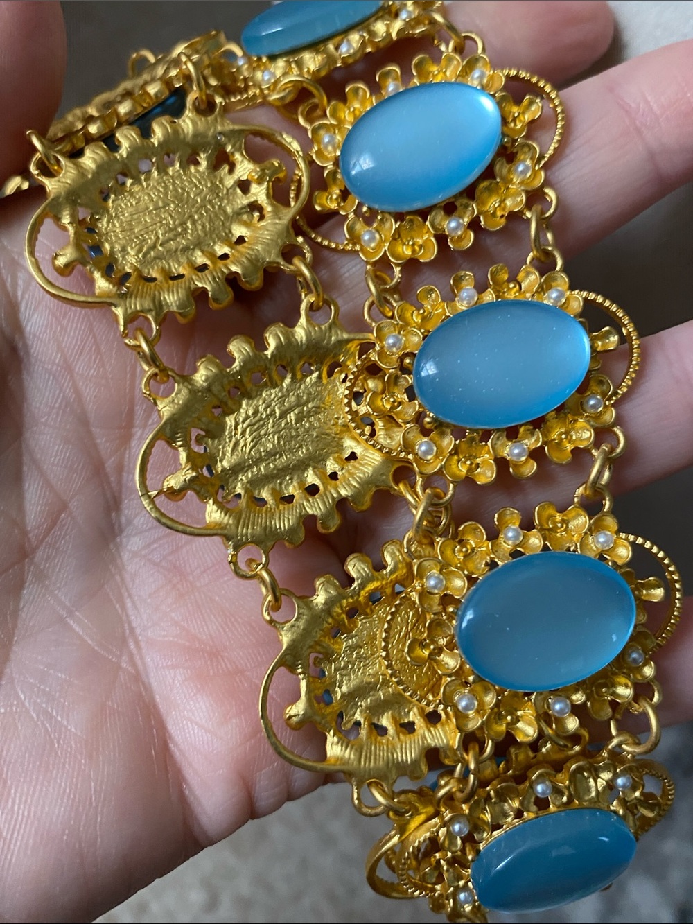 Matte Gold Blue Cabochon Statement Necklace with Faux Pearls - Picture 6 of 6